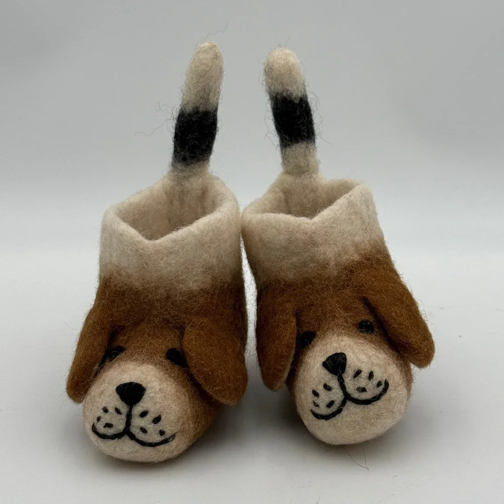 Handmade Boiled Wool Puppy Dog Baby Booties Felted Animal Slippers Brown White